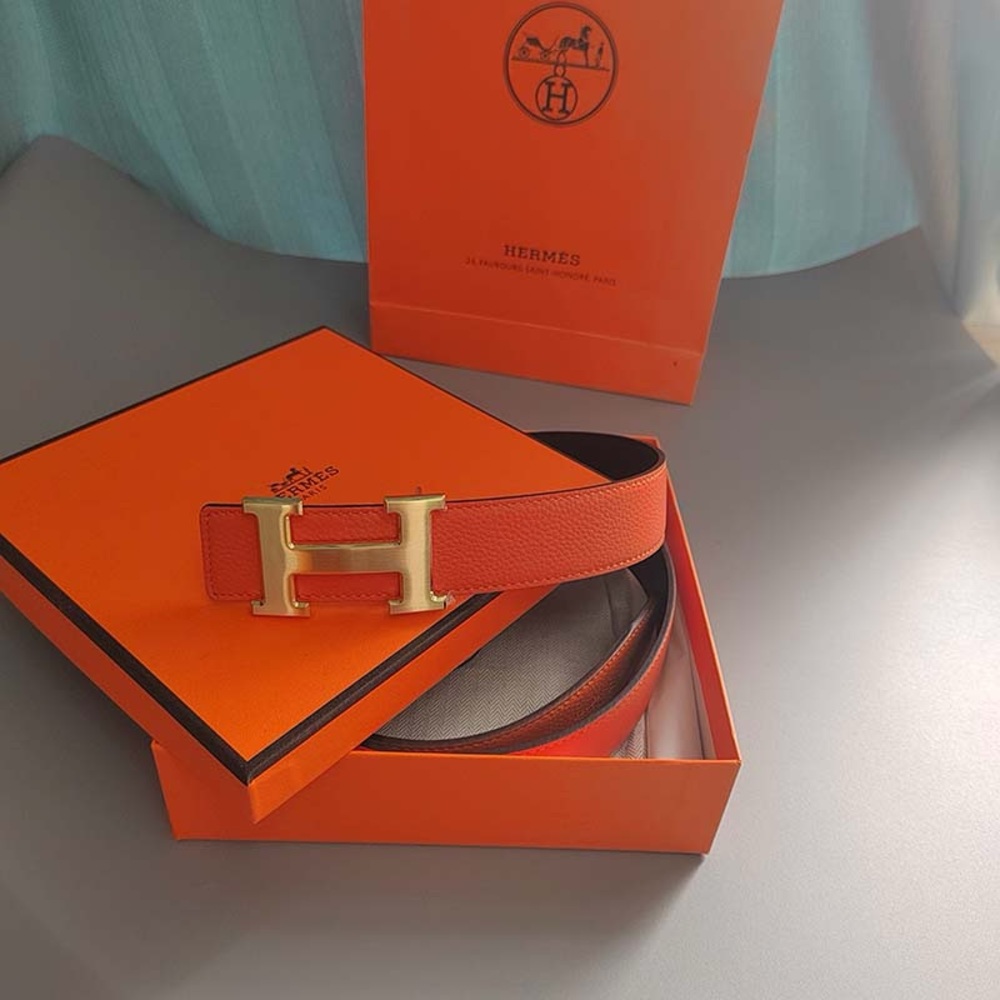 Hermes Orange Belt with Gold H Buckle